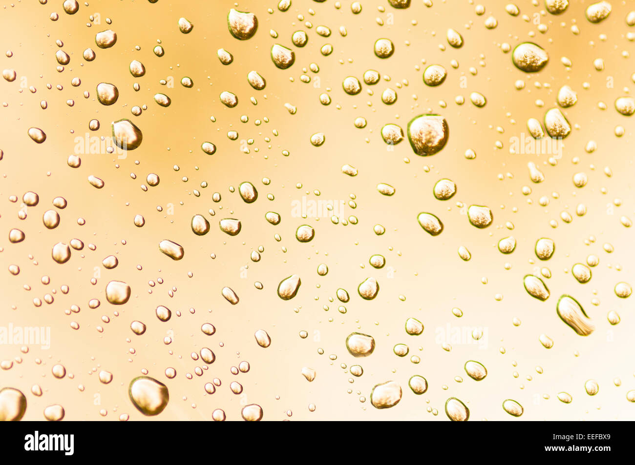 Le goccioline di acqua sul vetro chiari riflettono la luce ambiente produrre interessanti modelli. Foto Stock