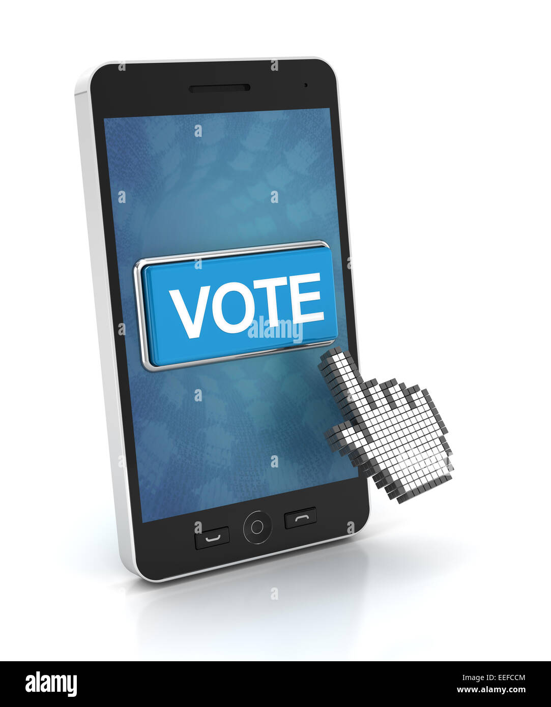 Facendo clic sul pulsante di votazione su uno smartphone, 3D render Foto Stock
