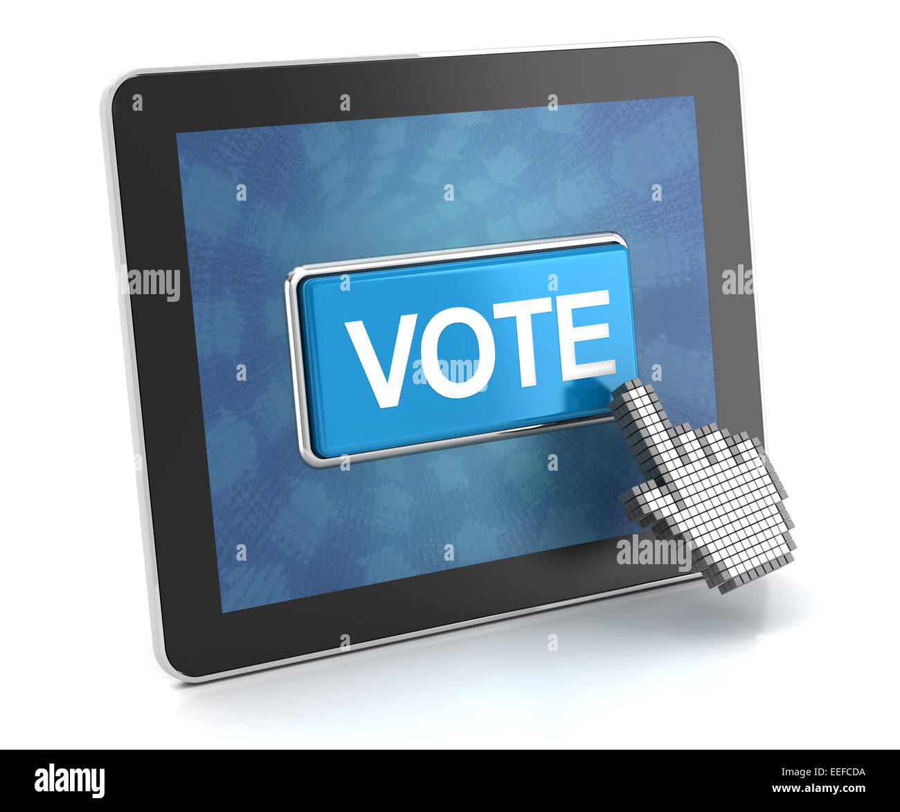 Facendo clic sul pulsante di votazione su una tavoletta digitale, 3D render Foto Stock
