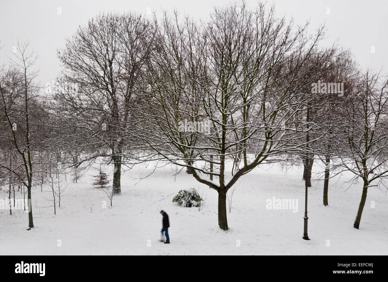 Figure sfocate correre e camminare nella neve su un parco a Londra in Inghilterra Foto Stock