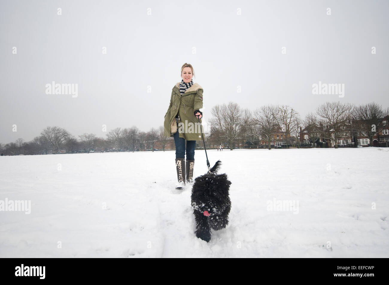 Una donna cammina il suo cane a Londra su una coperta di neve park Foto Stock