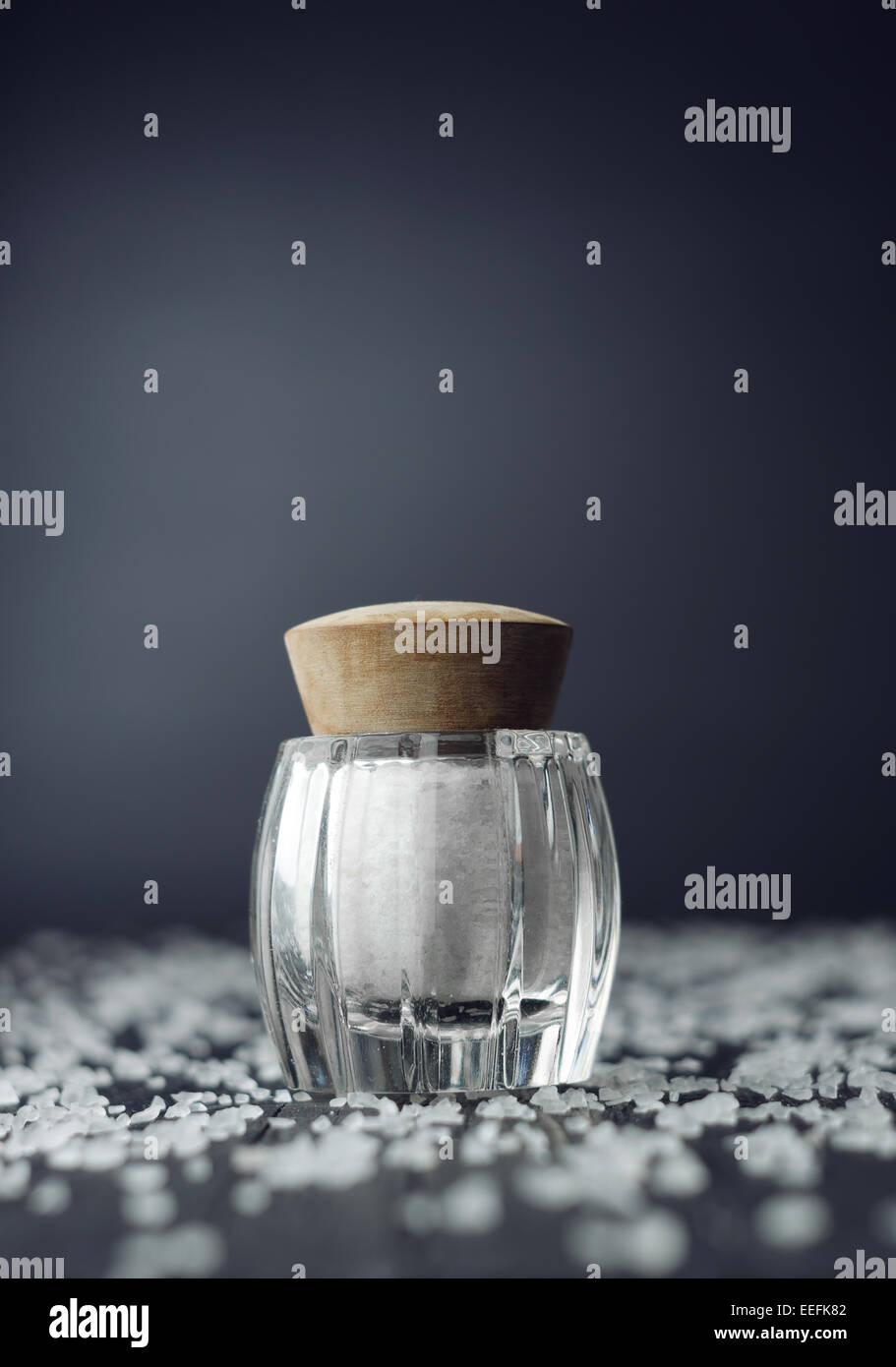 Sale rustico shaker su tavoli in legno nero con sale tutti su di esso Foto Stock