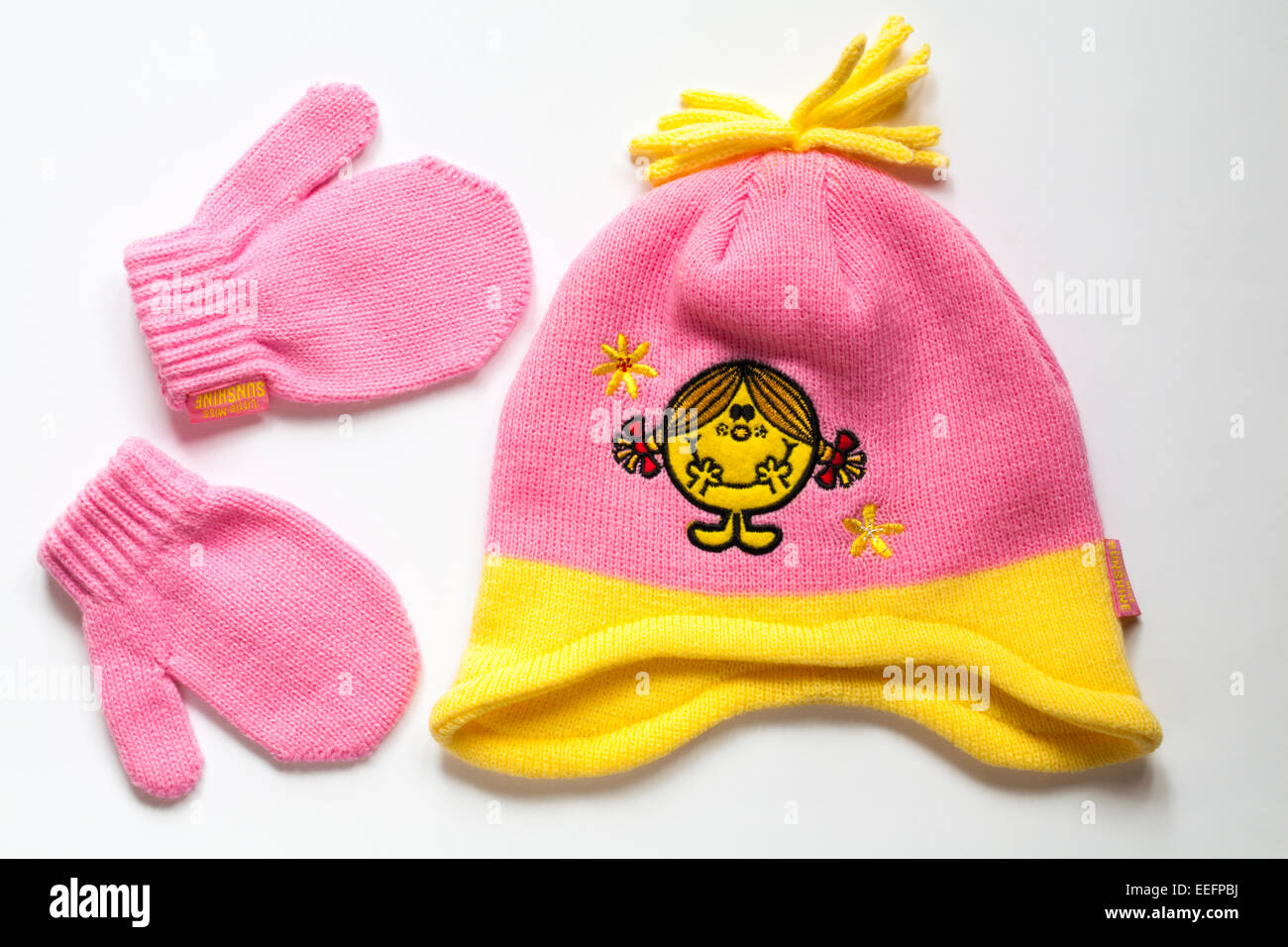 Little Miss Sunshine girls hat e set di guanti isolati su sfondo bianco Foto Stock