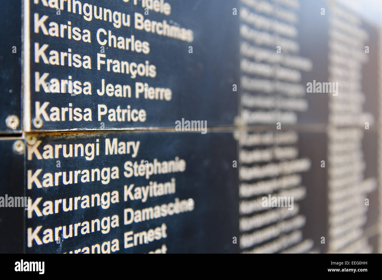 I nomi delle vittime del genocidio del 1994 in Ruanda. Kigali Genocide Memorial Centre. A Kigali, Ruanda. Foto Stock