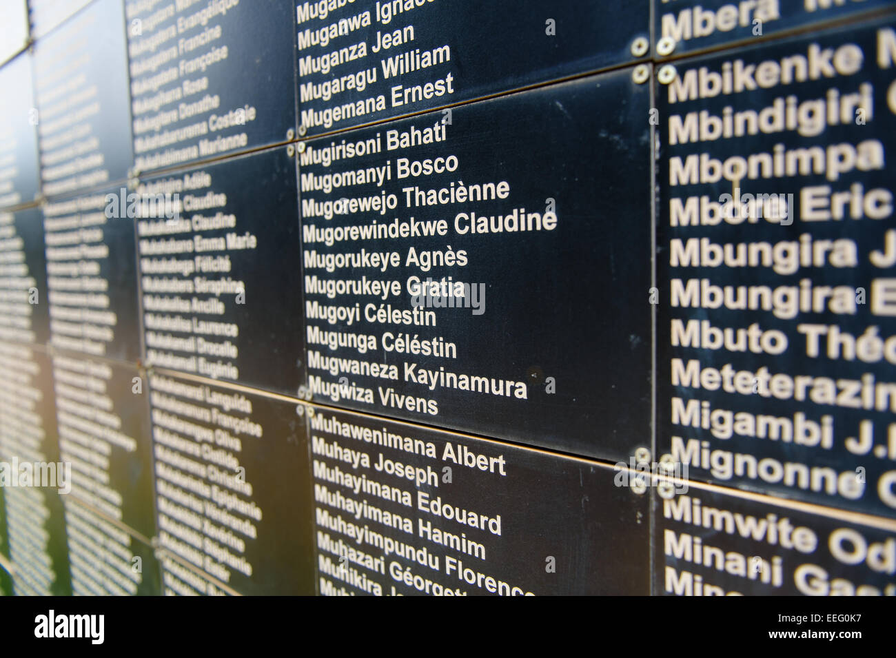 I nomi delle vittime del genocidio del 1994 in Ruanda. Kigali Genocide Memorial Centre. A Kigali, Ruanda. Foto Stock