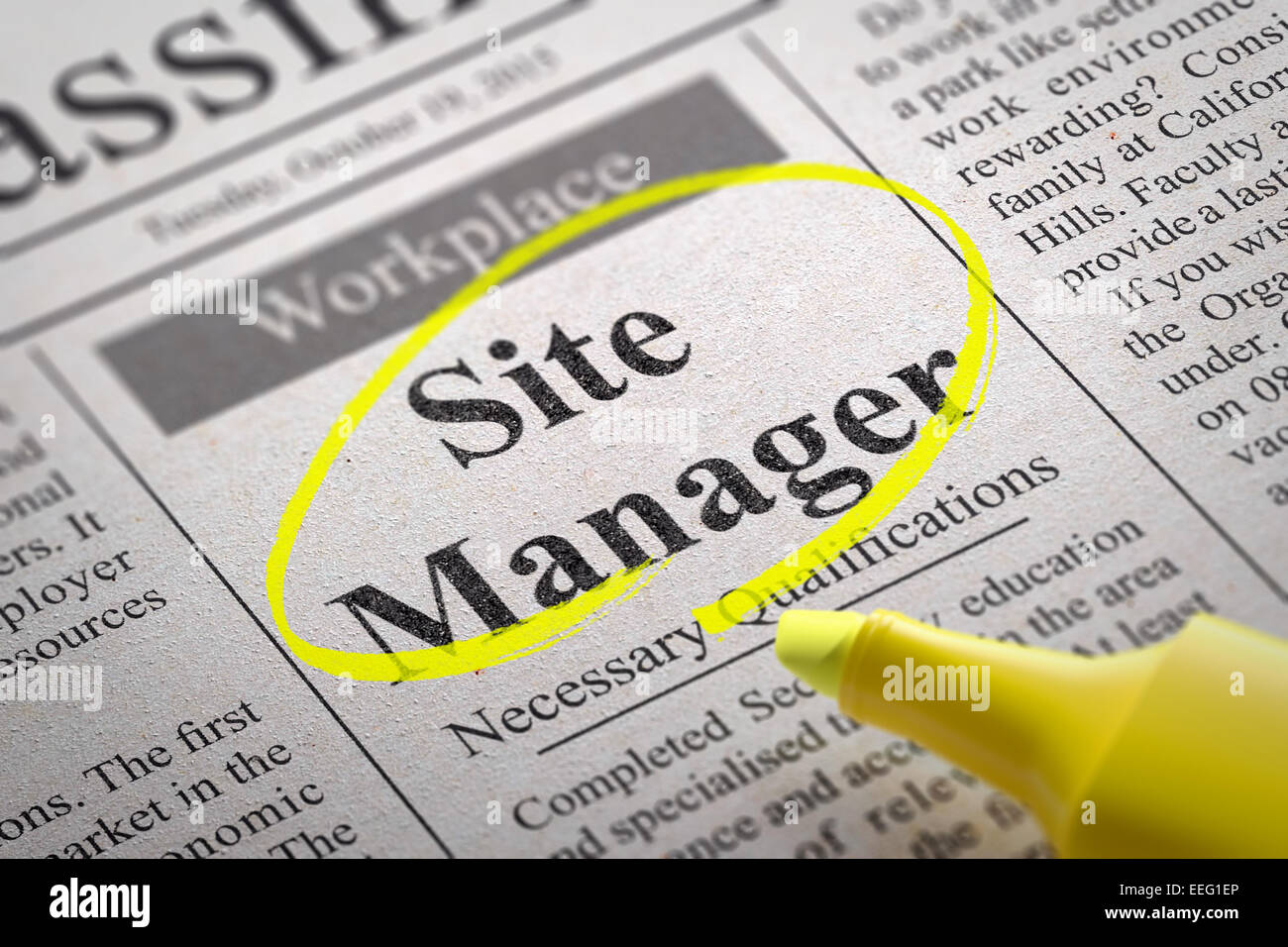 Site Manager posto vacante nel giornale. Foto Stock