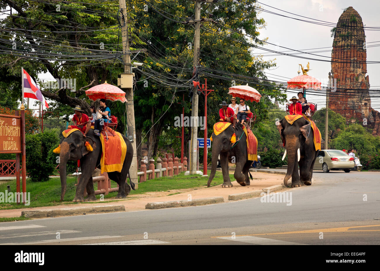 Thailandia - Visitatori al al parco storico di Ayutthaya sperimentando un elefante in vista delle massicce stupa di Wat Phra Ram. Foto Stock