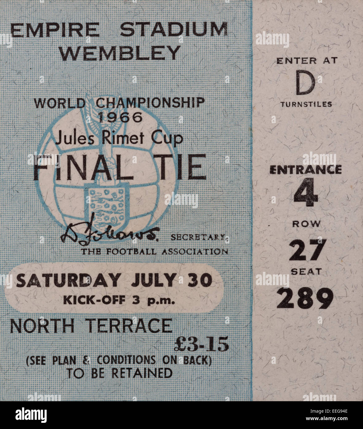 Finale di coppa del mondo 1966, Inghilterra e Germania Ovest ticket per il Jules Coppa Rimet. Foto Stock