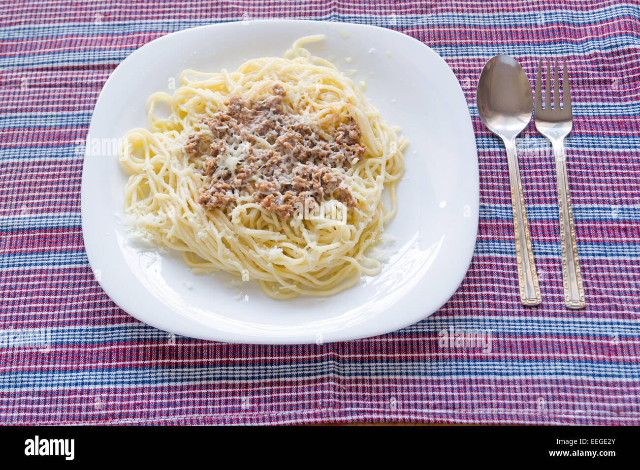 Spaghetti Italiano condito con bolognese, o bolognese, con salsa di pomodoro, carne e formaggio Foto Stock