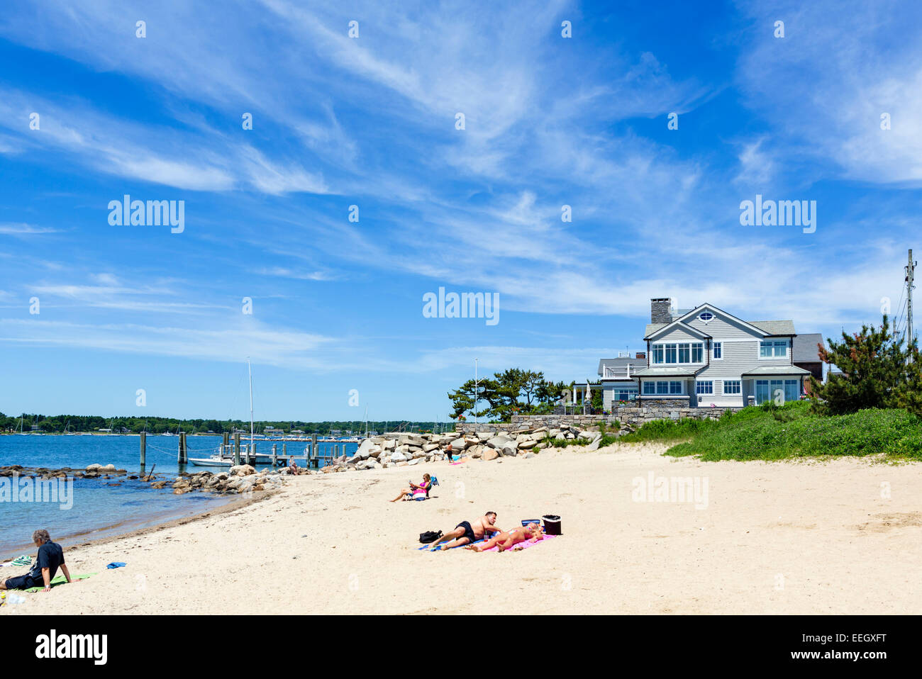 Spiaggia nel centro storico della città vecchia di Stonington, Connecticut, Stati Uniti d'America Foto Stock