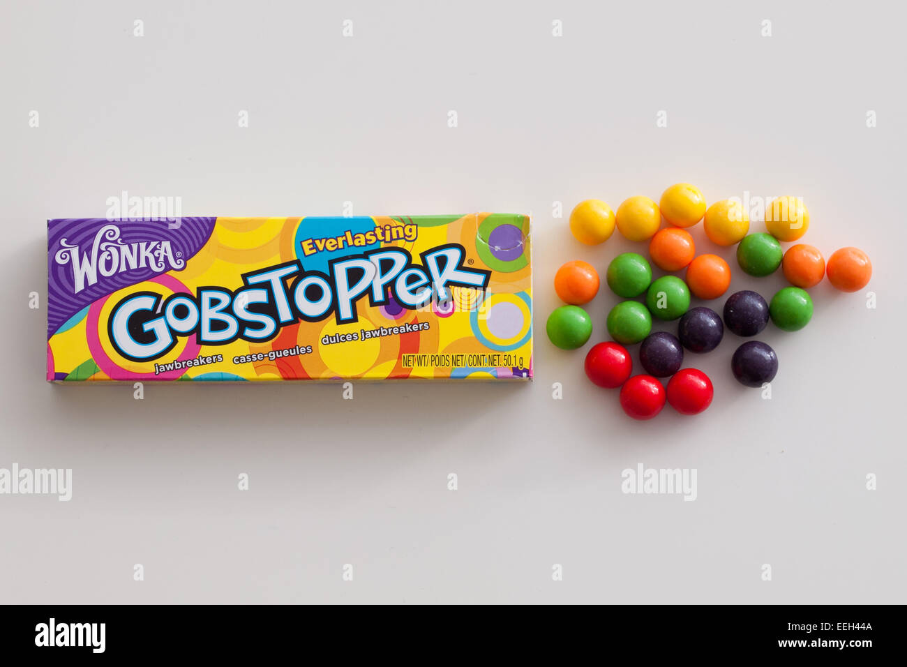 Una scatola di Everlasting Gobstopper Hard Candy. Fabbricato da Willy Wonka Candy Company, un marchio Nestlé. Foto Stock