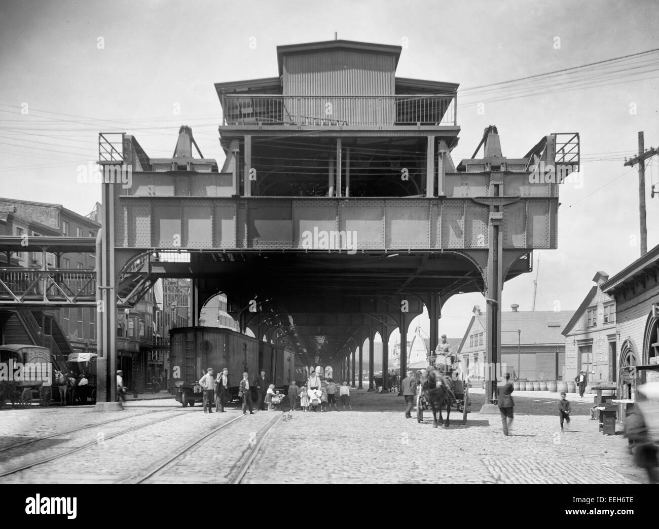 Philadelphia, Pennsylvania, la ferrovia sopraelevata a Delaware & Sud strade, circa 1900 Foto Stock