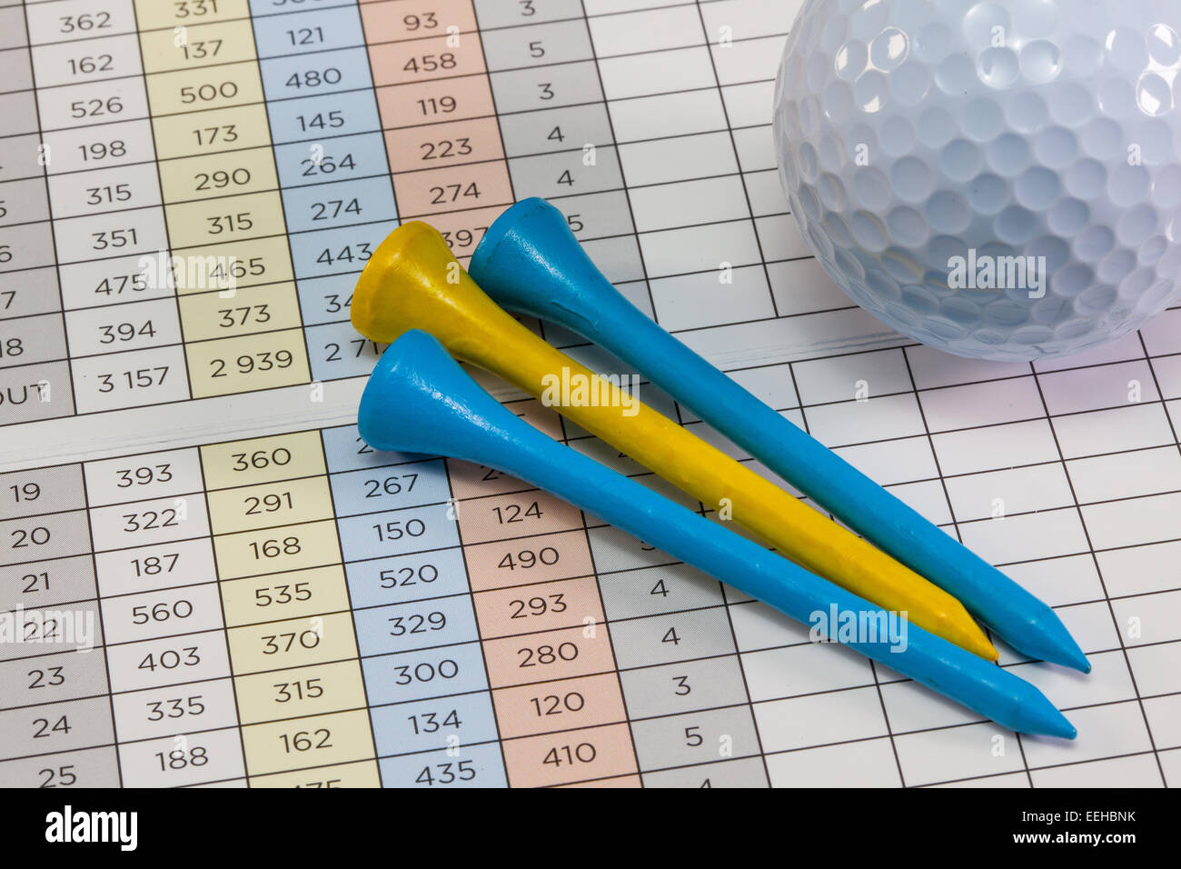 Attrezzature da golf giacente su di un campo da golf score card Foto Stock