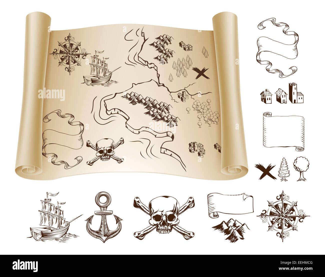 Esempio mappa ed elementi di design per rendere la propria fantasia o mappe del tesoro. Include montagne, edifici, alberi, bussola, nave s Foto Stock