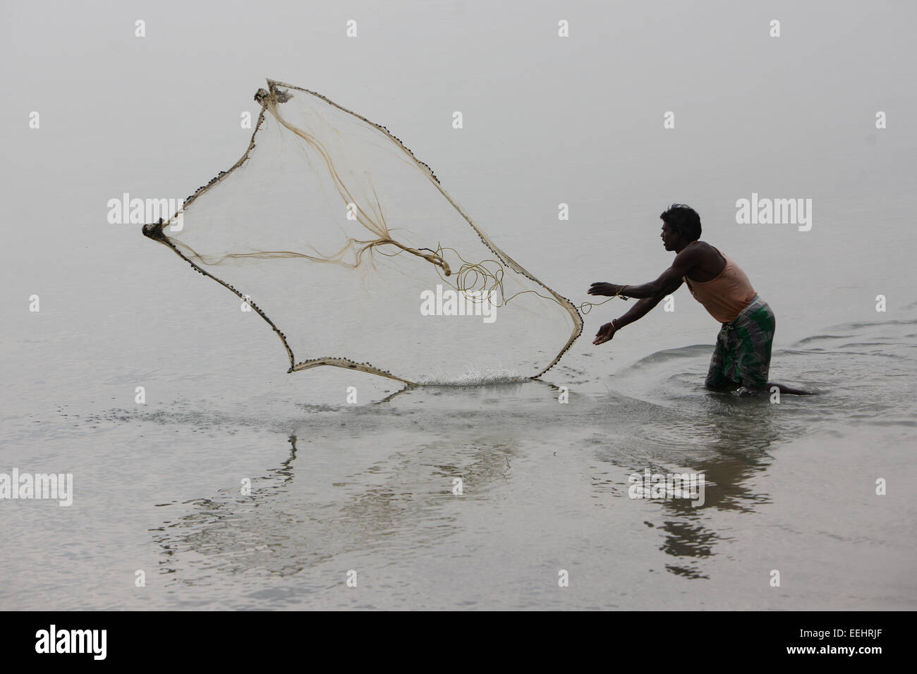 (150119) -- CALCUTTA, Gennaio 19, 2015 (Xinhua) -- un abitante di un villaggio getta la rete da pesca presso l area di Sunderbans del delta del Gange nel Bengala occidentale, India, Gennaio 17, 2015. Il delta del Gange è la delta di fiume nel Sud Asia regione del Bengala, consistente in Bangladesh e lo stato del Bengala Occidentale, India. È il più grande del mondo di delta. Come patrimonio mondiale dell'UNESCO, le Sunderbans area dell India shelters un sacco di foreste di mangrovie e animali. La popolazione locale vive sulla pesca, l'agricoltura e utilizzare i traghetti per i pendolari. Molti villaggi utilizzare l'energia solare a causa di mancanza della normale alimentazione di energia elettrica. (Xinhua/Zheng Huans Foto Stock