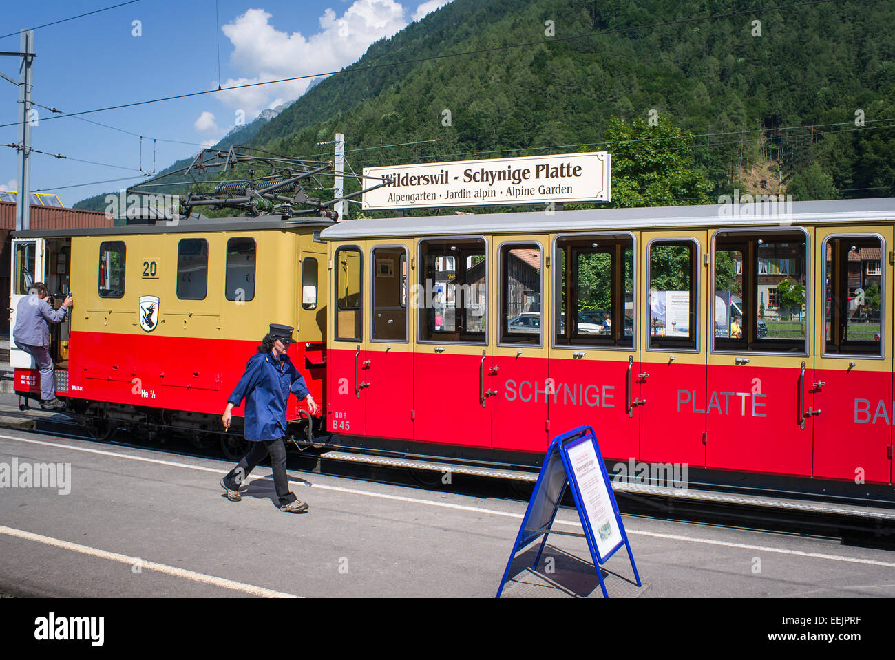 Femmina conduttore del treno di estensione lungo la banchina della stazione a Wilderswil svizzera Foto Stock