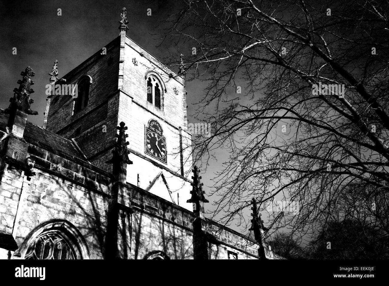 Campanile di una chiesa e di inverno alberi Knaresborough North Yorkshire, Inghilterra Foto Stock