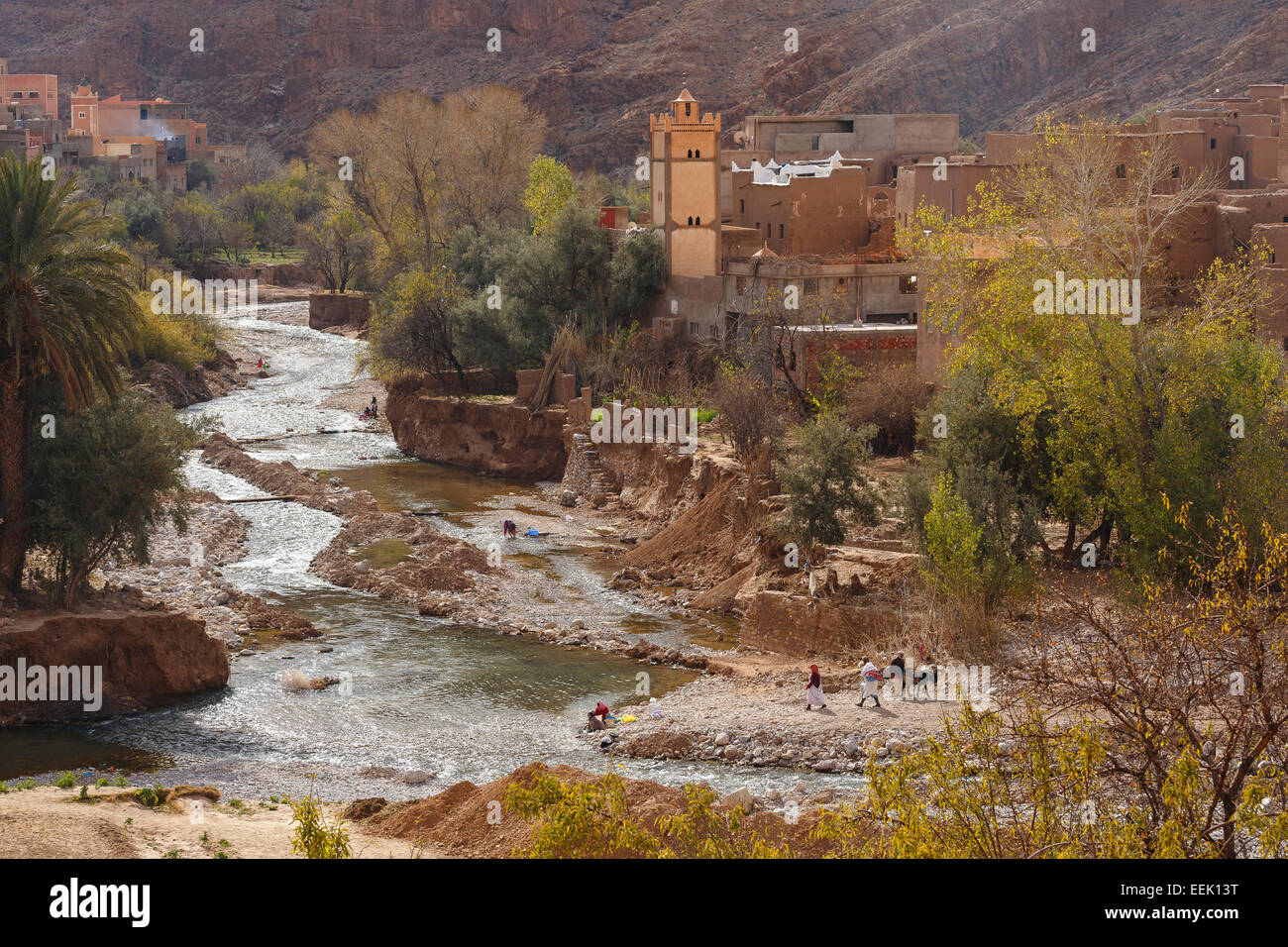 Villaggio e fiume. Del Todra. Il Marocco. Il Nord Africa. Africa Foto Stock