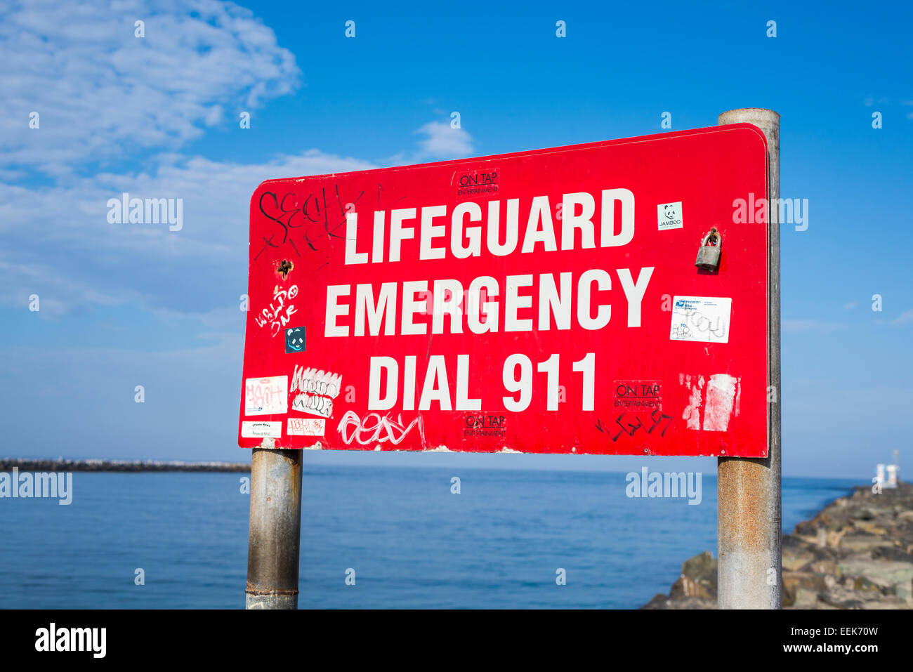 Bagnino segno di emergenza. San Diego, California, Stati Uniti. Foto Stock