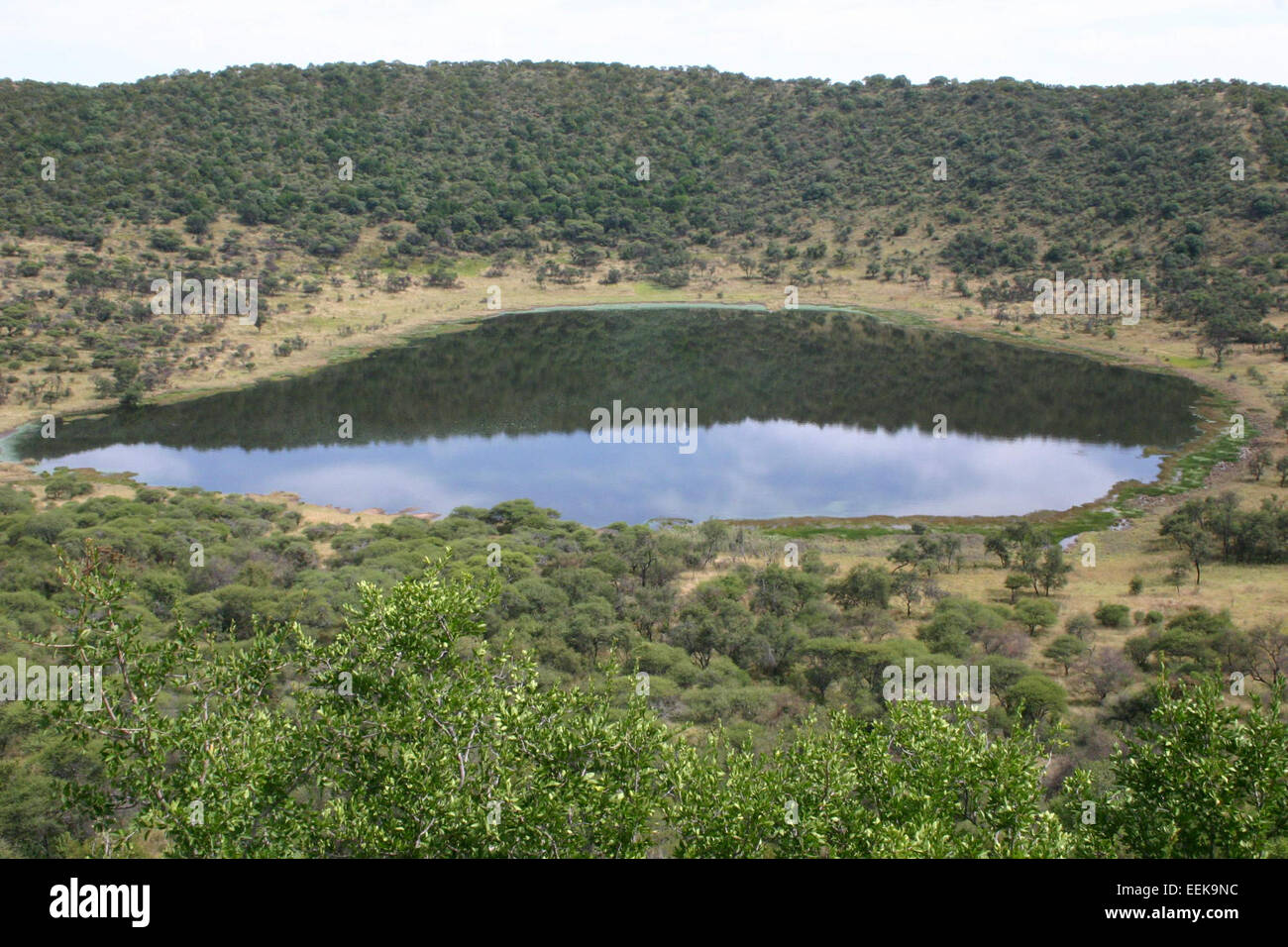 Tswaing è un importante sito archeologico situato in Sud Africa, noto per il suo antico lago cratere formato da un impatto meteoritico. È un'area protetta e attira ricercatori che studiano gli impatti meteoritici e gli ambienti preistorici. Foto Stock