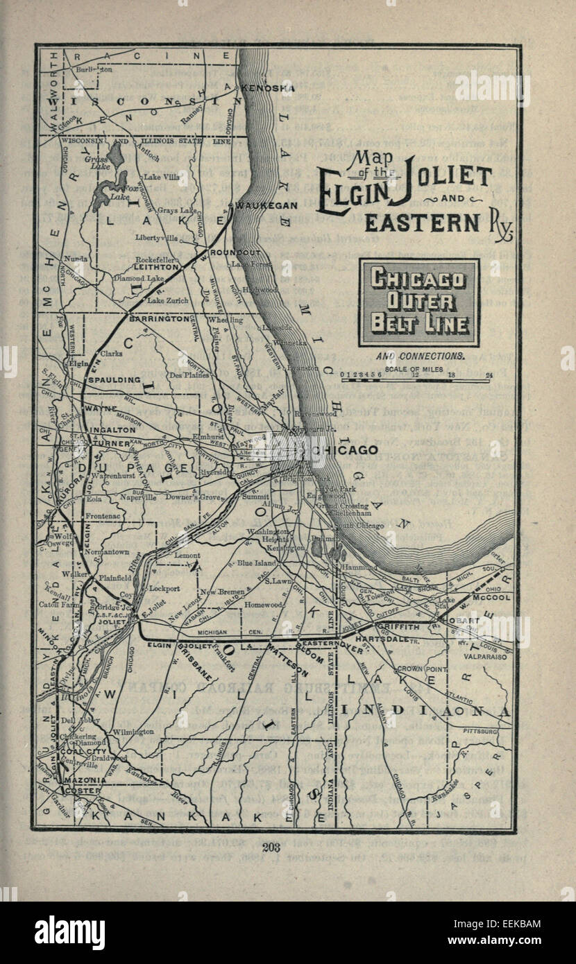 Una mappa dal Poor's Manual of Railroads, edizione 1891, che mostra i percorsi della Elgin, Joliet e Eastern Railway. Questa linea ferroviaria fu parte integrante dello sviluppo industriale ed economico dell'area di Chicago durante la fine del XIX secolo. Foto Stock