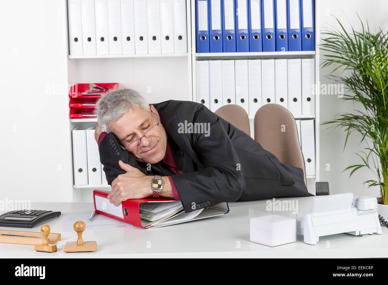 Mann mittleren altera sitzt im Büro, liegt auf Akternordnern und schläft, uomo di mezza età, seduto nel suo ufficio, giacente su offic Foto Stock