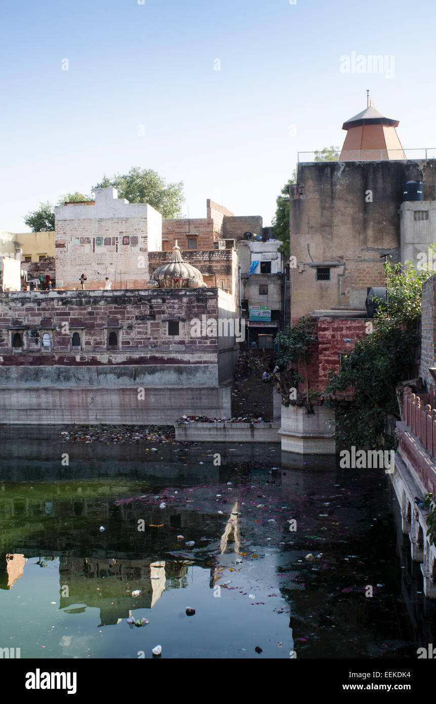Vista della città di Jodhpur mostra acqua raccolta con rifiuti, nello stato del Rajasthan, India Foto Stock