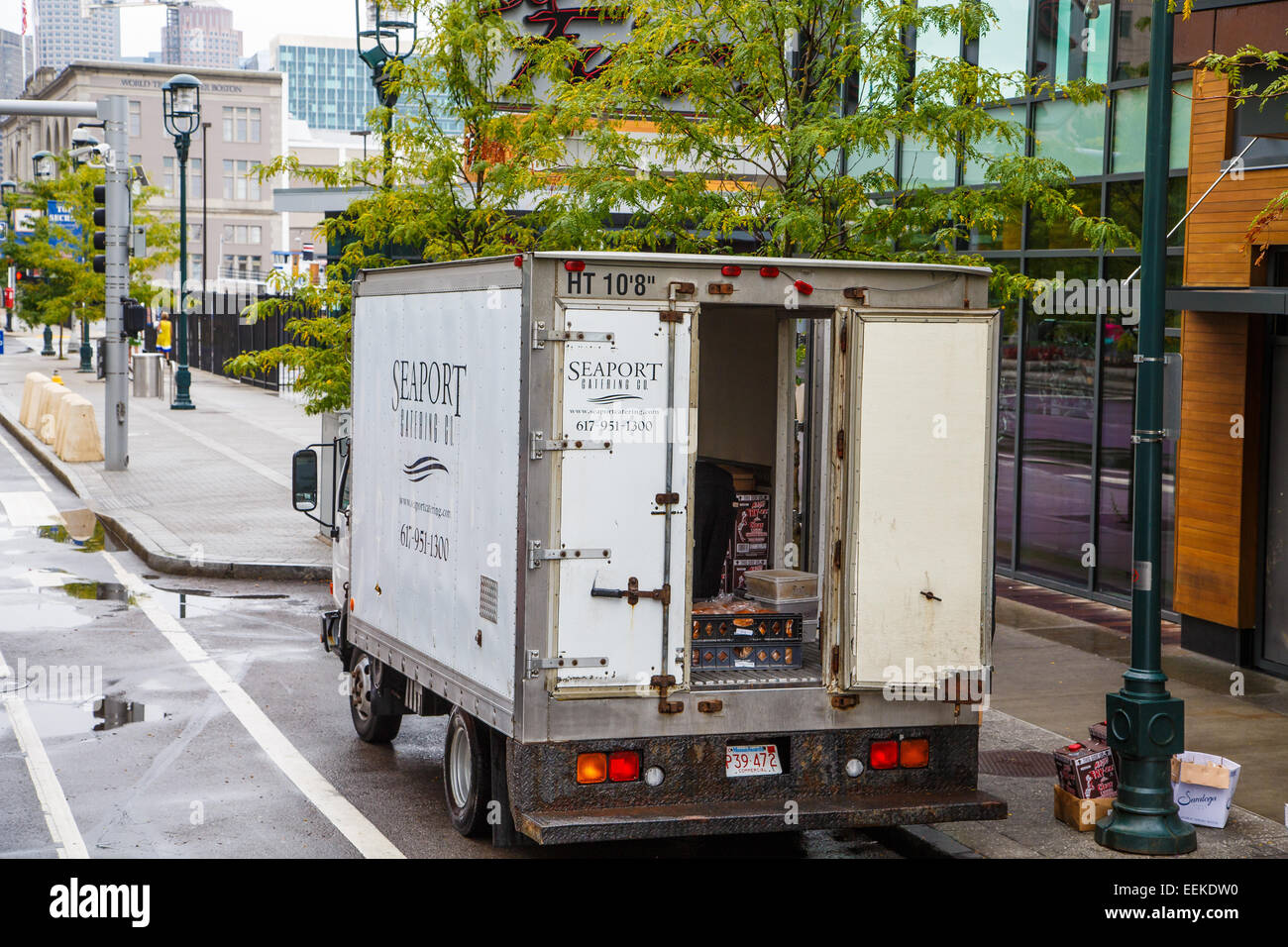 Frutti di mare lo scarico da un camion di catering a Boston, Massachusetts Foto Stock