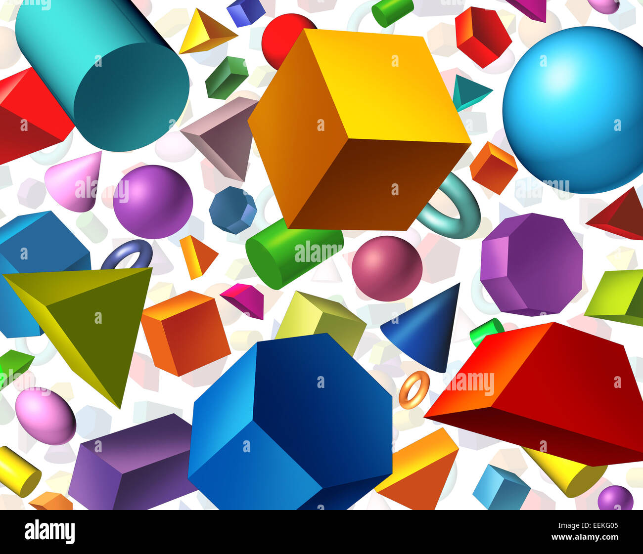 Le forme geometriche di sfondo e concetto di geometria come base tridimensionali di figure come un cubo sfera flottante del cilindro su bianco Foto Stock