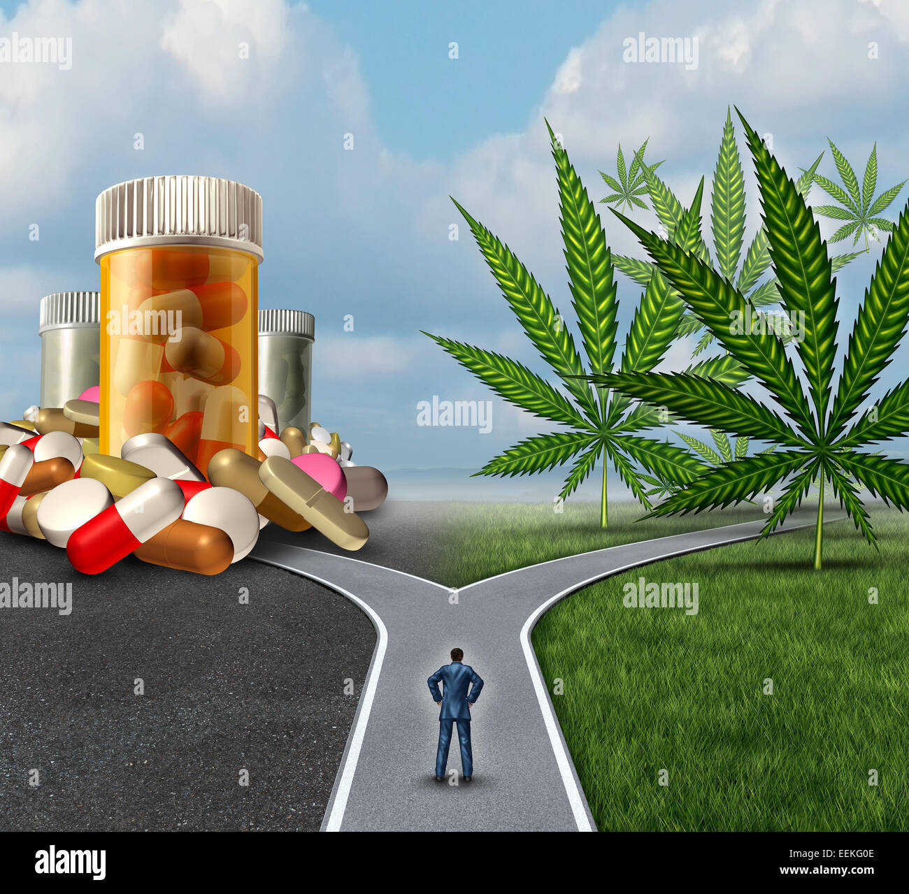 La marijuana medica dilemma scelta health care concept come una persona in piedi di fronte a due percorsi con uno che offre la medicina tradizionale e l'altra opzione con la cannabis. Foto Stock