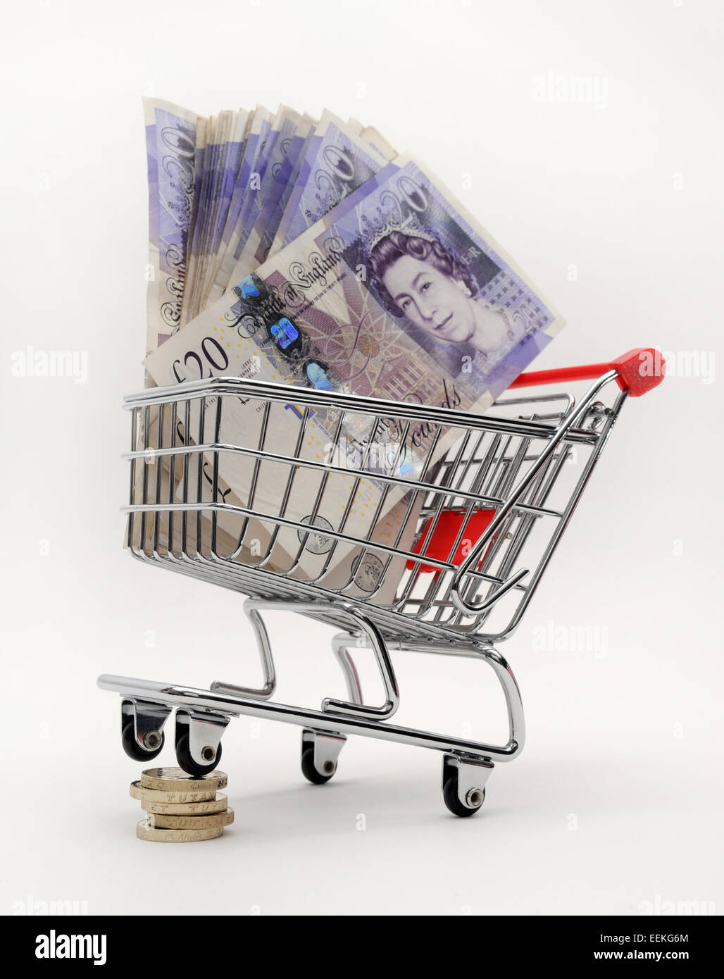 Carrello per supermercati con £20 rileva re supermercati alimentari costi prezzi budget familiare PENSION PROVIDER AZIENDA CASSA DI RISPARMIO UK Foto Stock