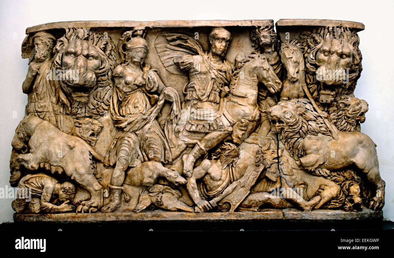 Sarcofago romano raffigurante una scena di caccia con i lions III secolo Roma romana Museo Capitolino Italia Italiano Foto Stock