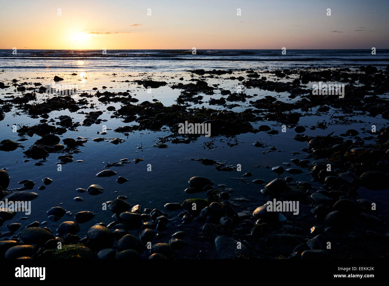 Alba sul boulder disseminata litorale contea di Down Irlanda Foto Stock
