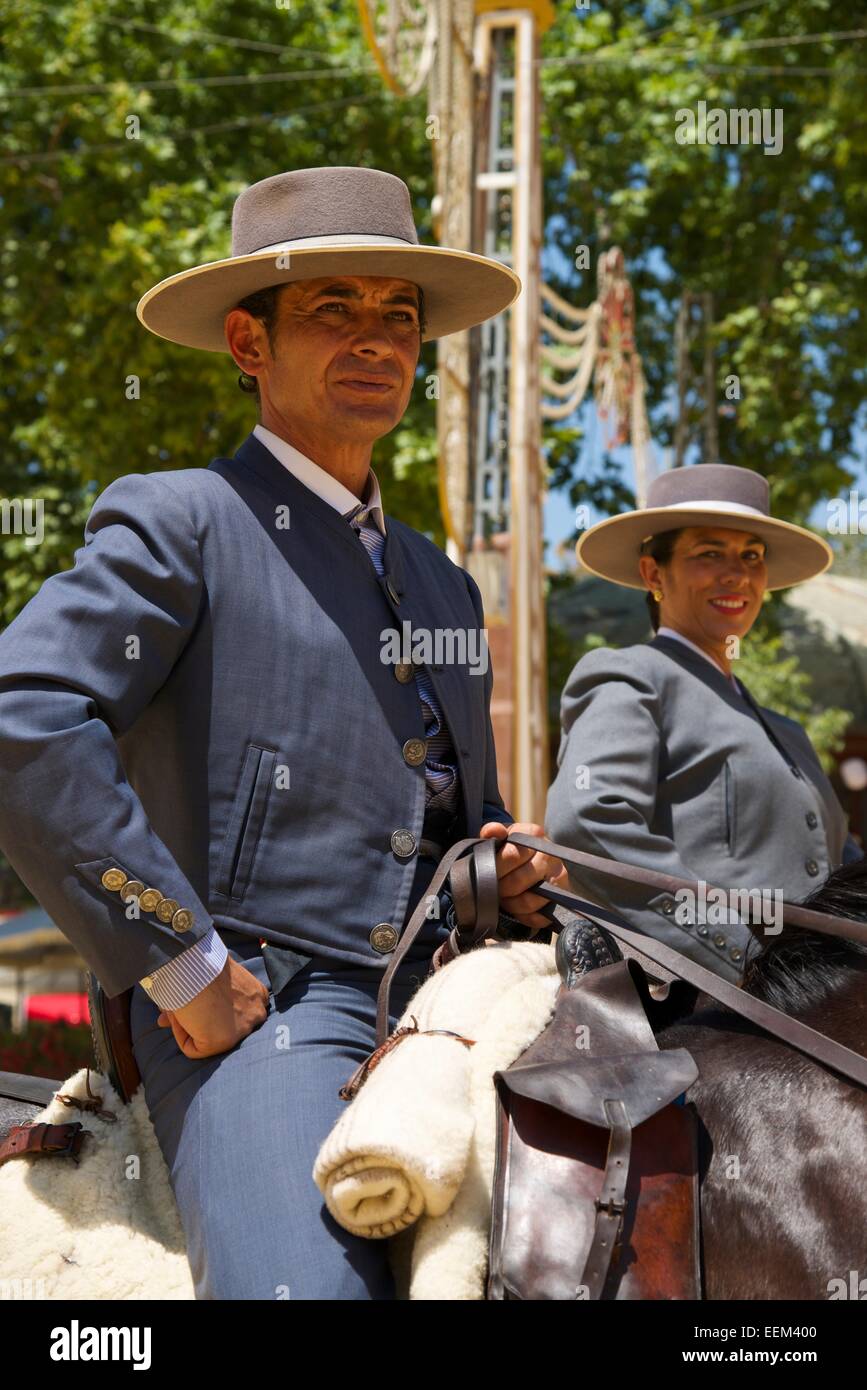 Piloti per la Feria del Caballo, Jerez de la Frontera, Andalusia, Spagna Foto Stock