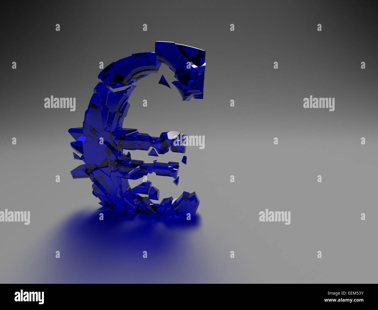 Un simbolo euro realizzato in vetro è rompendo Foto Stock
