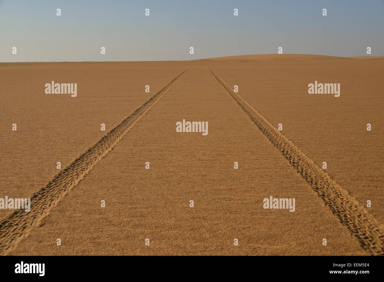 Auto tracce nella sabbia nel deserto nubiano in Dongola, settentrionale, la Nubia, Sudan Foto Stock