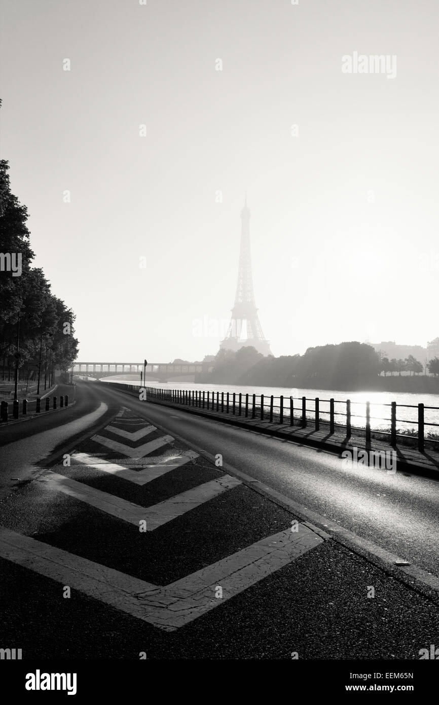 Francia, Parigi, Vista della Torre Eiffel nella nebbia Foto Stock