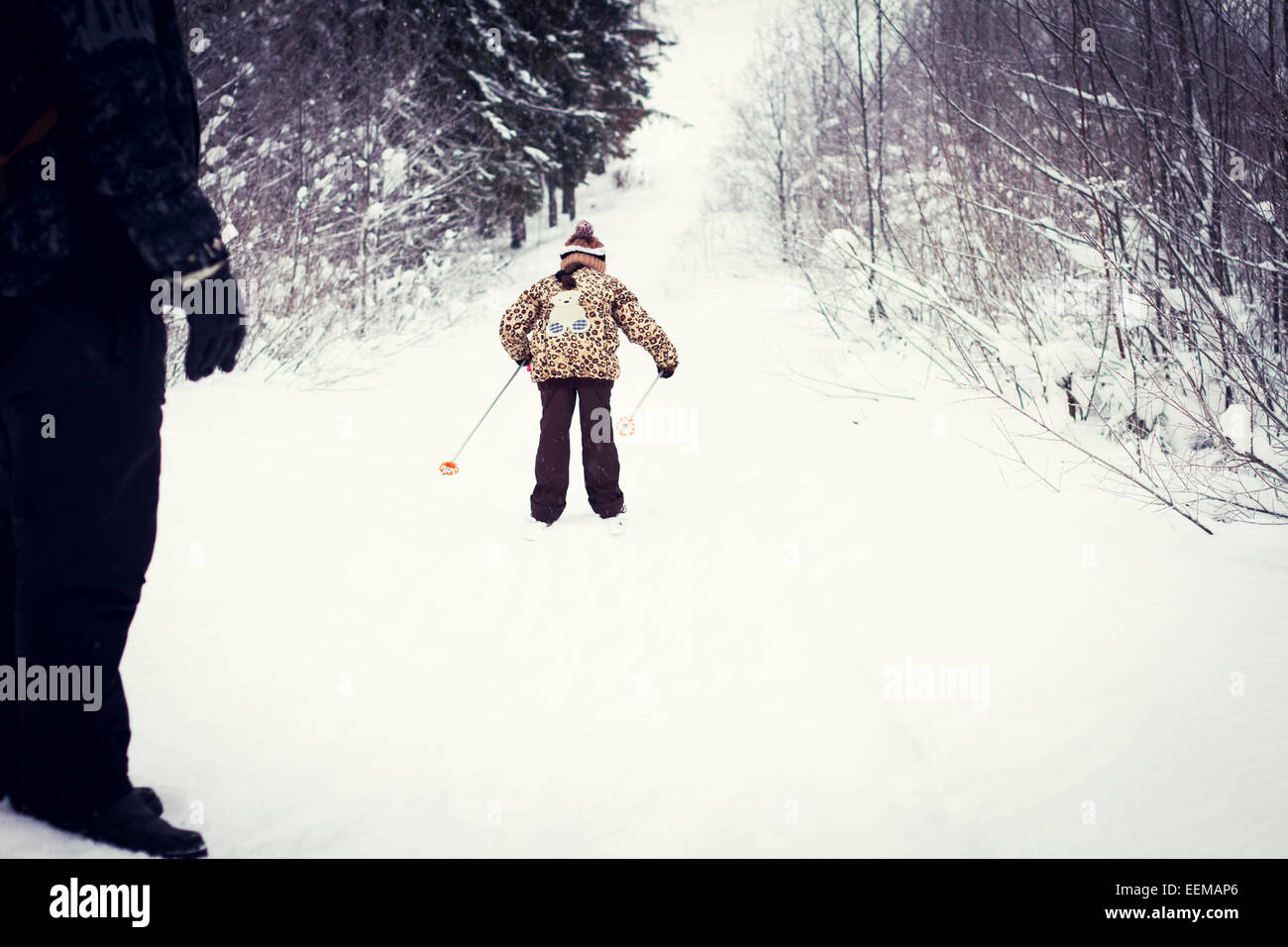 Caucasian padre e figlia sci di fondo su strada innevata Foto Stock