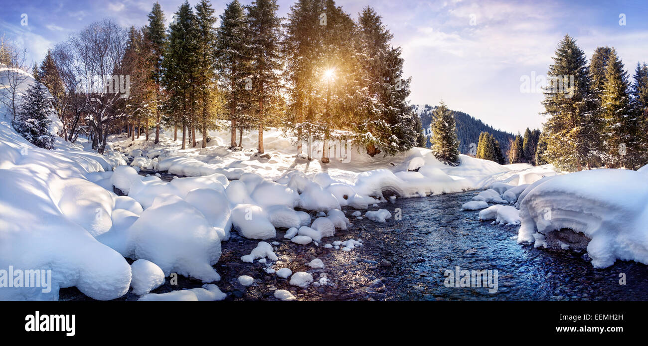 Inverno del fiume e della foresta nel montagne sulla giornata di sole Foto Stock