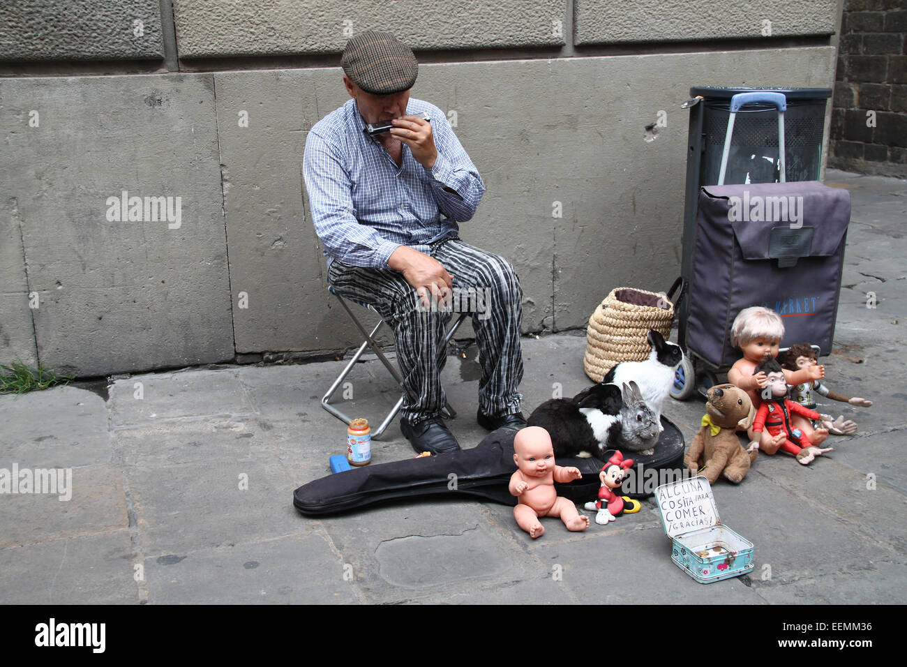 Anziani intrattenitore di strada con i conigli e i vecchi giocattoli, giocando la harmonica, vicino alla cattedrale di Barcellona, in Catalogna, Spagna Foto Stock