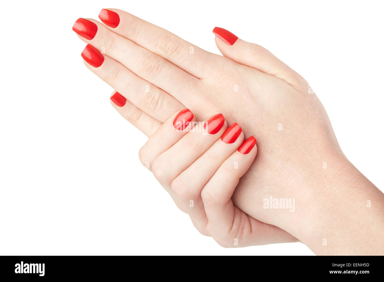 La donna le mani con il rosso smalto per unghie manicure Foto Stock