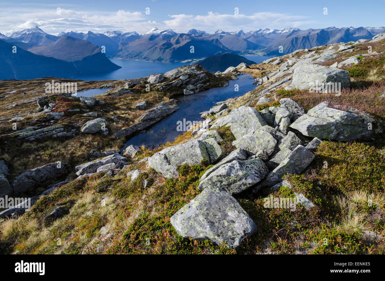 Blick zum Romsdalsfjorden, Romsdalen, Moere und Romsdal Fylke, Vestland, Norwegen, Settembre 2011 Foto Stock