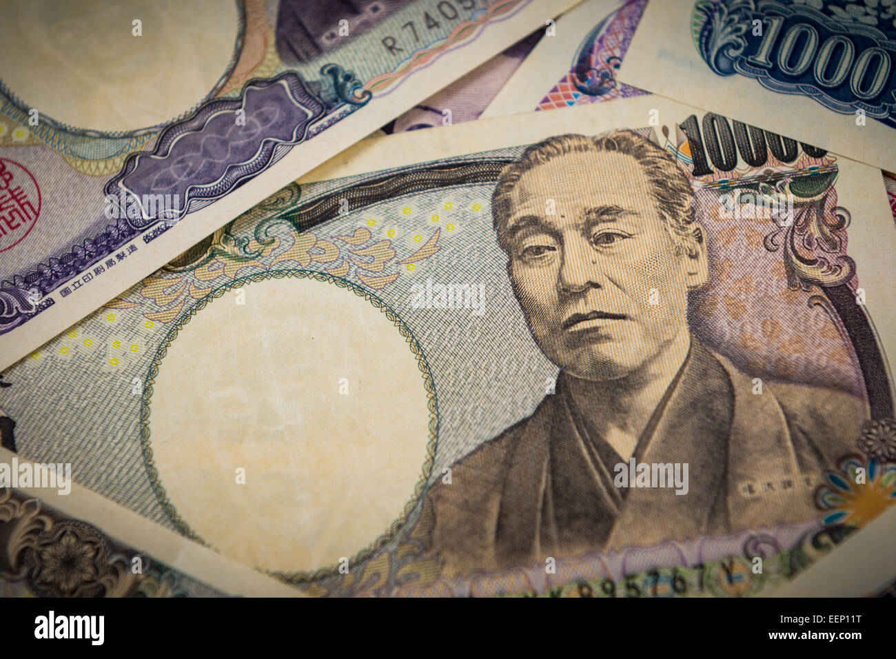 Primo piano di una pila di yen giapponese. Foto Stock
