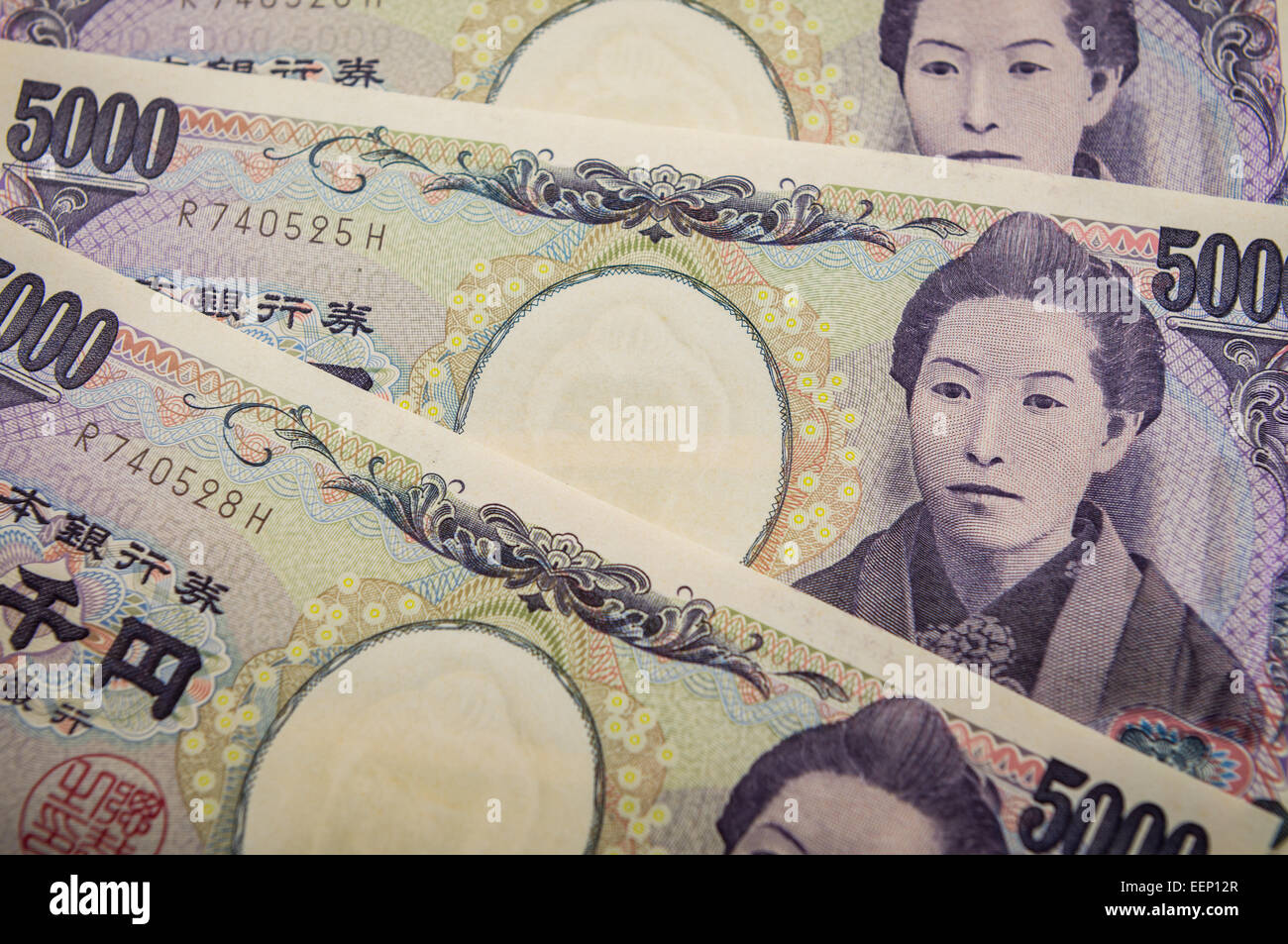 Primo piano di una pila di yen giapponese. Foto Stock