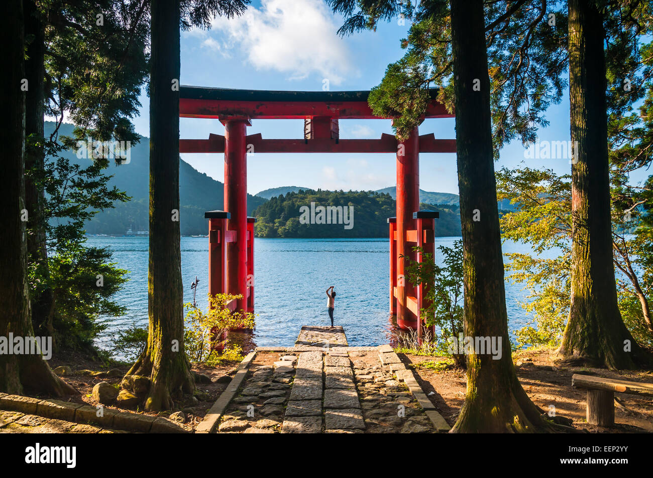 Una giovane donna prende le foto con il suo telefono di un torii gate in Hakone, Giappone. Foto Stock