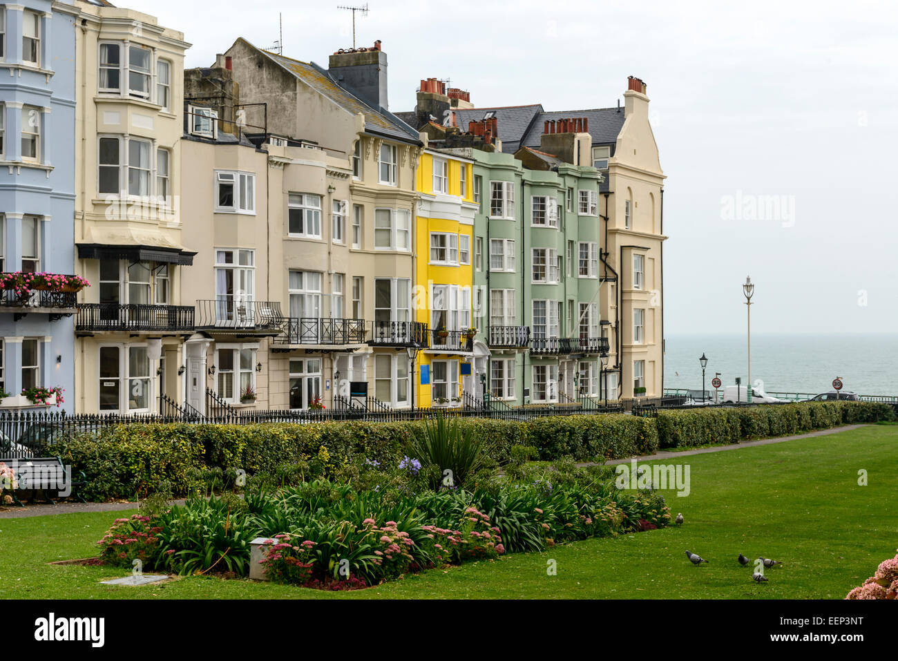 Scorcio di vecchie case terrazza e un giardino nel centro turistico città di mare, Brighton East Sussex Foto Stock