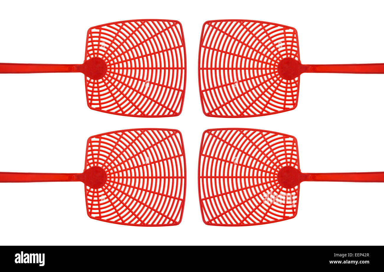Una vista ravvicinata di una nuova red fly swatters su uno sfondo bianco. Foto Stock