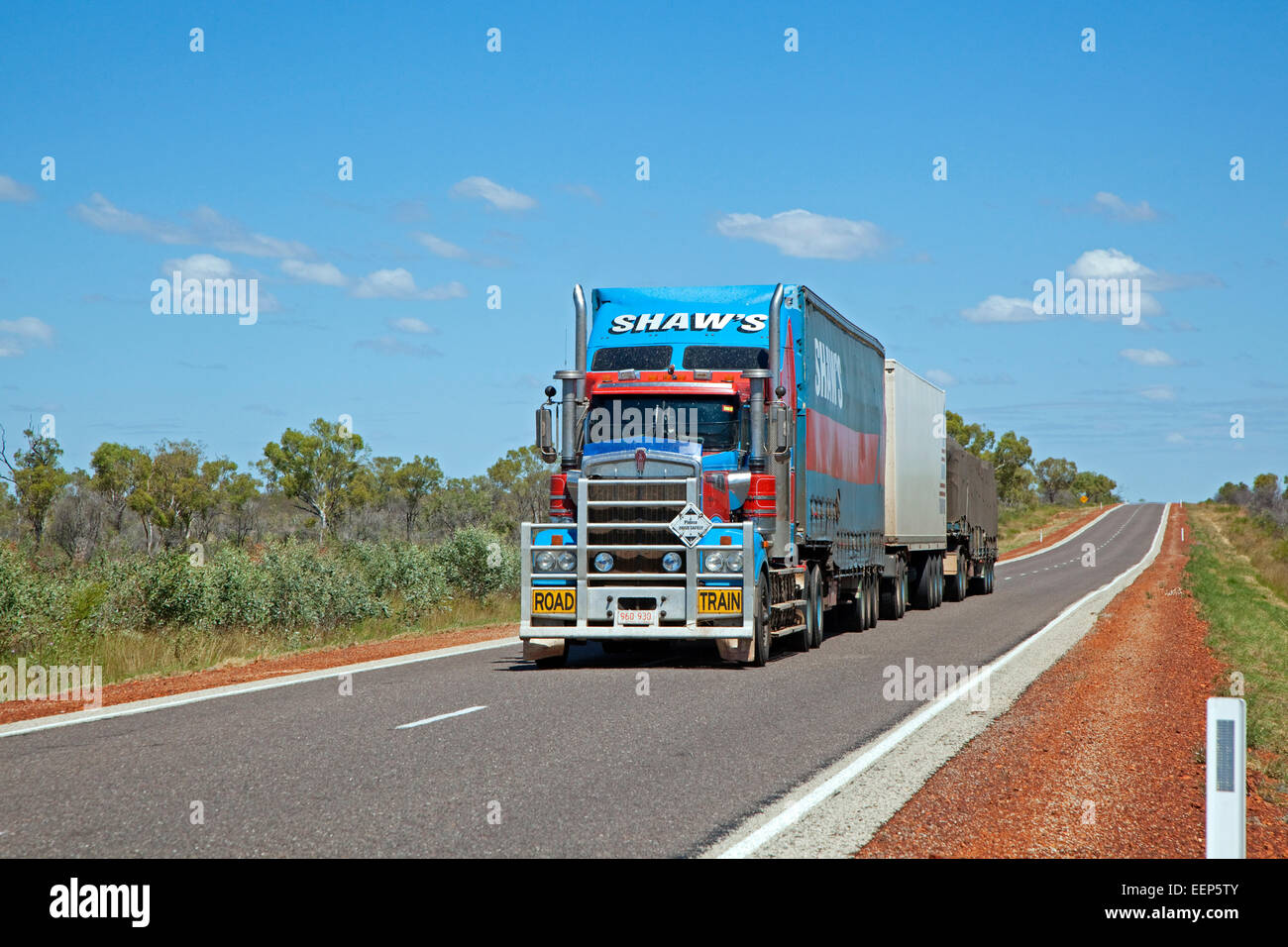 Australian il trasporto merci dalla strada triplo treno dotato di roo bar sull'autostrada Stewart, Territorio del Nord, l'Australia Foto Stock