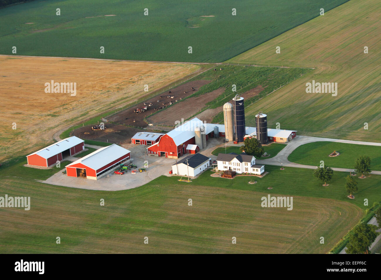 Vista aerea di terreni agricoli e fabbricati agricoli. Campo Purdy Fly-In. Agosto 2014. Michigan Associazione ultraleggeri. MULA. Gaines, Mic Foto Stock