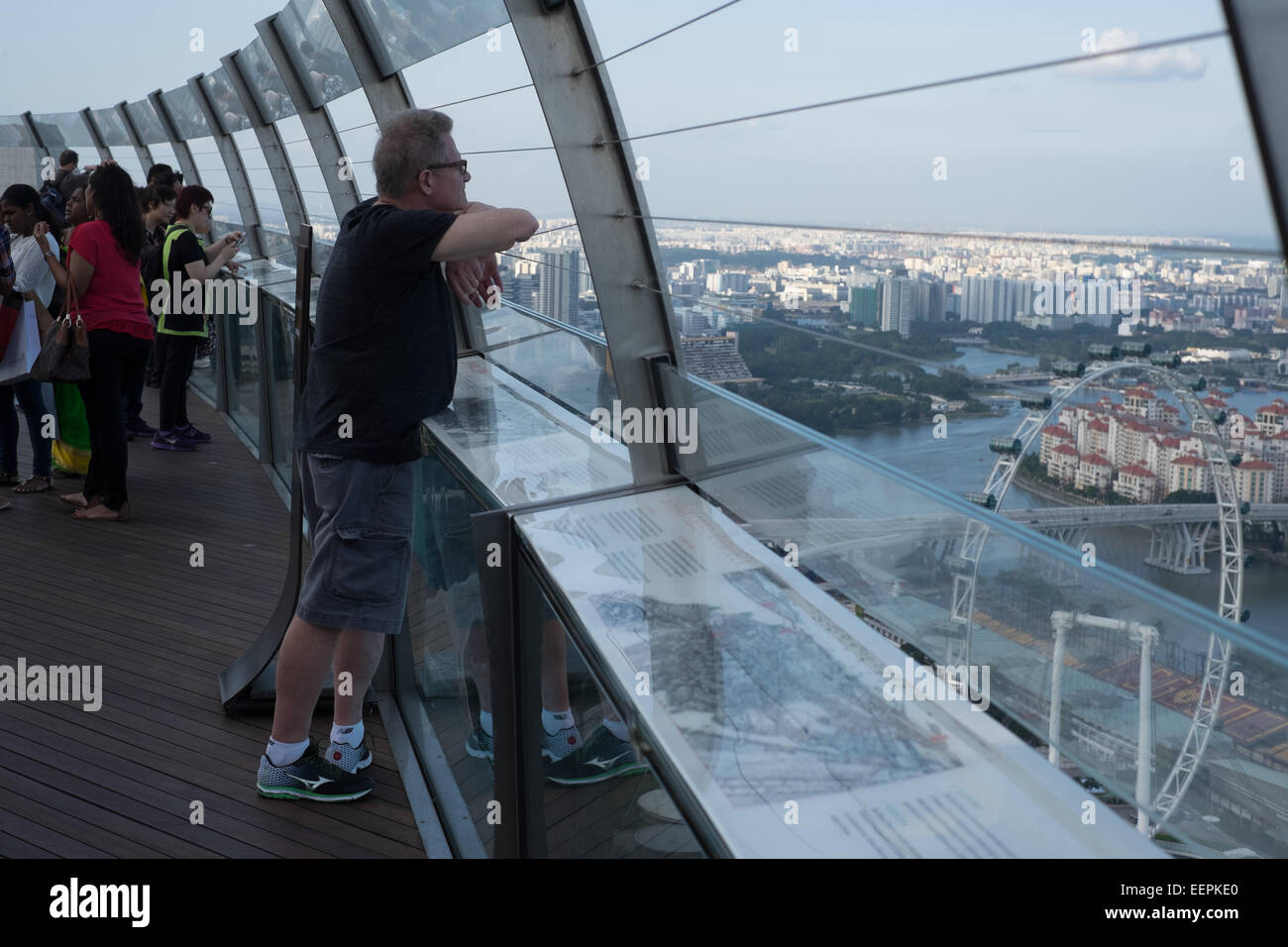 Vista della Baia di Singapore e il Singapore Flyer dal cielo il parco del Marina Bay Sands Hotel e Casinò. Foto Stock